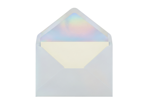 Open iridescent envelope with paper isolated PNG, blank stationery for invitations and greetings on transparent background - Powered by Adobe