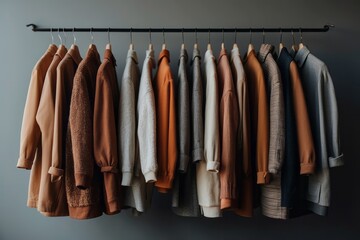 Clothes hanging in row. Many clothes for autumn or fall season