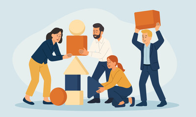 Vector illustration of diverse team members constructing a tower from geometric shapes. Symbol of creativity, teamwork, trust, and problem-solving in business. 