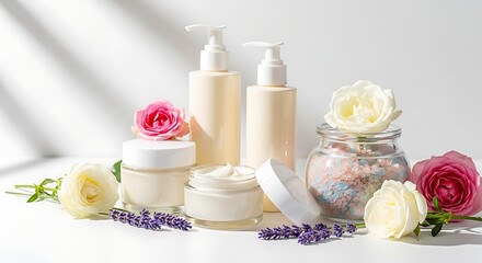 Luxurious Skincare Products Arranged with Fresh Roses and Lavender