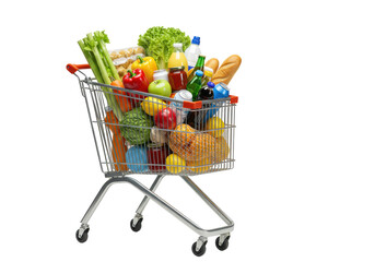 Gleaming chrome shopping cart bursting with diverse fresh groceries, beverages, and cleaning products on a transparent studio background with copy space, concept of consumer choice