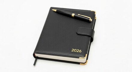 A black leather notebook with 2026 embossed on it, isolated on white background, symbolizing planning