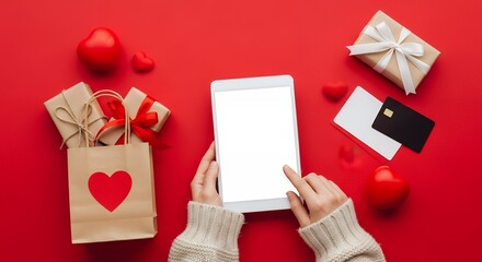 Obraz premium Overhead view of hands holding a tablet with blank screen surrounded by gift bags wrapped presents credit cards and red hearts on a vibrant red background Shopping Valentine Love Technology