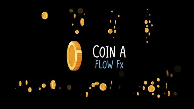 Golden Coin A flow FX pack, cartoon flat plain coin animation, floating money rain effect, treasure currency motion, transparent background, alpha channel