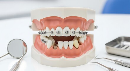 Dental Model Demonstrating Orthodontic Braces Treatment for Misaligned Teeth