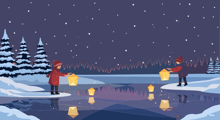 Children Releasing Christmas Star Lanterns by Frozen Lake