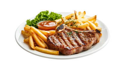 Grilled steak with french fries and lettuce isolated on a transparent background