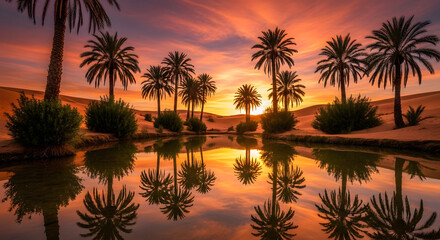 Obraz premium Palm trees reflected in water at sunset in the desert oasis with orange and pink sky view