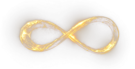 Futuristic golden infinity symbol floating through digital space representing technology strength and light.
