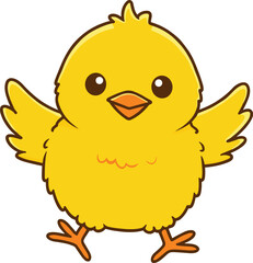 Cute yellow chick cartoon, adorable baby bird illustration, happy little chicken with open wings, vector animal design for kids art