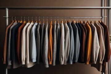 Clothes hanging in row. Many clothes for autumn or fall season