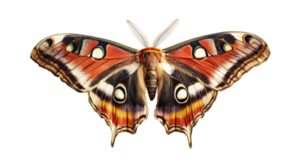 Large moth with orange black white markings isolated on a transparent background