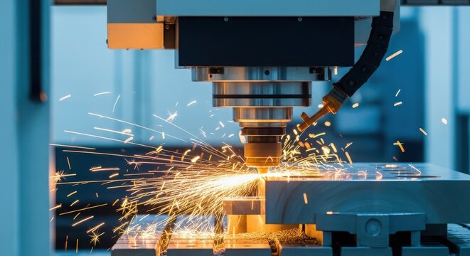 Metalworking cnc milling machine cutting metal with sparks flying, a modern industrial process with blue tones