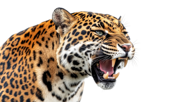 Jaguar Snarling Mouth Open Teeth Visible isolated on a transparent background