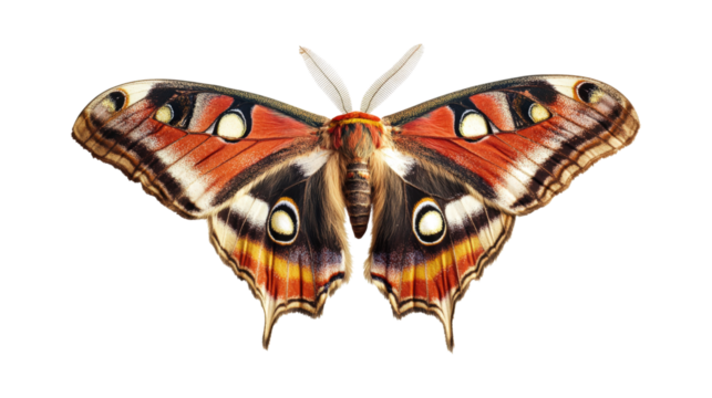 Large moth with orange black white markings isolated on a transparent background