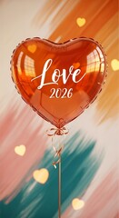 Heart shaped balloon with love 2026 message against colorful brushstroke background for valentines day