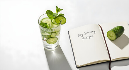 A fresh start with a Dry January recipe notebook and a glass of invigorating cucumber and mint infused detox water for a healthy lifestyle