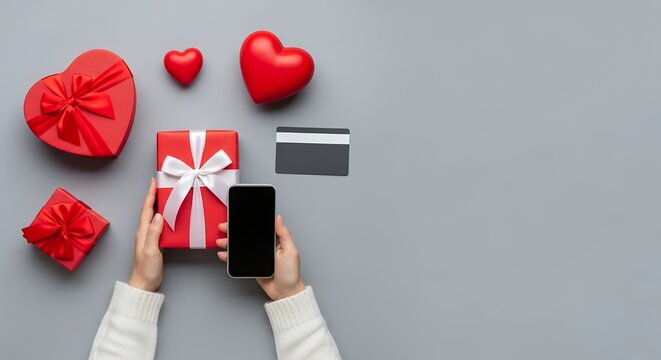 Hands holding smartphone near red heart shaped and rectangular gift boxes with ribbons plus credit card on gray background gifts present shopping mobile online romance love payment - Powered by Adobe