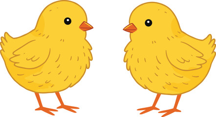 Cute yellow chicks standing facing each other, adorable baby birds cartoon vector, fluffy farm animals illustration, spring poultry artwork design
