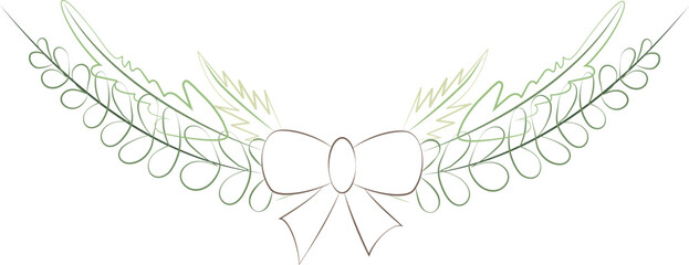 Rustic vector divider of layered, sketchy green botanical branches and a central sepia-toned bow, perfect for natural wedding stationery or organic brand accent graphics.