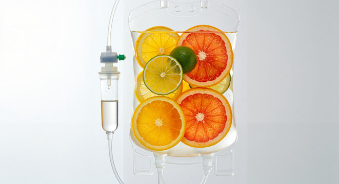 IV bag with sliced citrus fruits for hydration therapy  