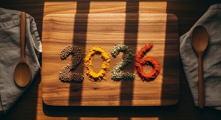 2026 year made from spices on wooden cutting board with spoons and napkins in sunlight
