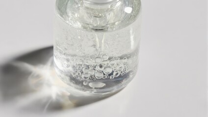 Close-up of a small glass bottle filled with a clear, bubbly liquid, casting a shadow