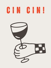 Cin Cin Minimal Wine Glass Illustration, Italian Wine Art Print, Modern Kitchen Wall Decor, Aesthetic Wine Postcard with Funny Quote, Notebook Cover