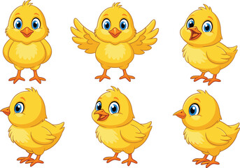 Cute yellow chicks cartoon set, baby chickens with blue eyes, adorable farm birds illustration, vector animal art, children drawing design