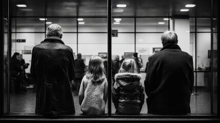 Two adults and two children sitting inside a waiting room separated by glass panels looking forward in black and white photograph with reflections and seated people in background