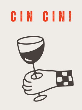 Cin Cin Minimal Wine Glass Illustration, Italian Wine Art Print, Modern Kitchen Wall Decor, Aesthetic Wine Postcard with Funny Quote, Notebook Cover