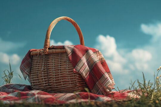 A picnic basket with a checkered blanket sits on grass against a blue sky with clouds
