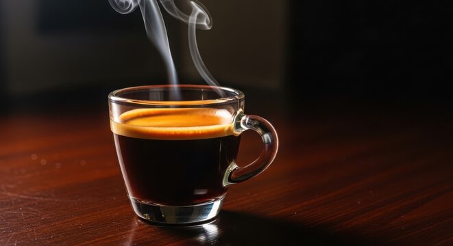 A steaming cup of dark espresso coffee sits on a wooden table, inviting you to savor the rich aroma and intense flavor