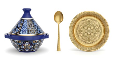 Ceramic tajine golden spoon and plate on white background