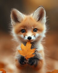 Obraz premium Cute fox holding a colorful autumn leaf.
