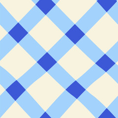 Abstract diagonal blue gingham plaid seamless pattern. Hand drawn vector checkered background for textile, fabric, scrapbooking, etc.	