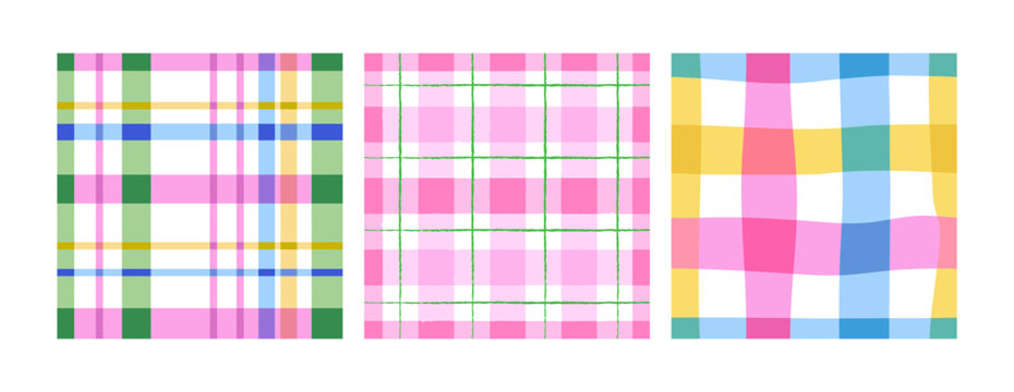 Set of geometric checkered seamless patterns with various colorful stripes. Contemporary modern gingham vector background