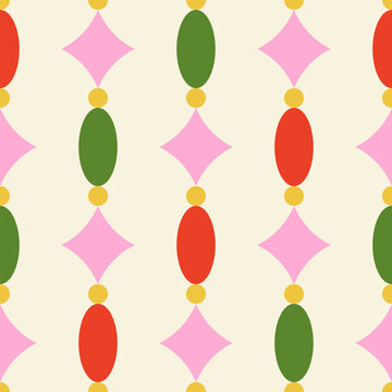 Geometric seamless pattern with holiday christmas decorations. Vector flat background in vintage mid century modern style