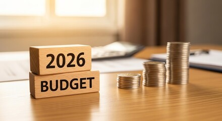 2026 budget planning concept with wooden blocks, coins, and financial documents on a wooden table