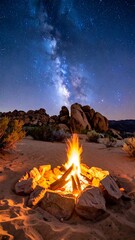 A mesmerizing campfire glows brightly beneath a vibrant night sky filled with the Milky Way galaxy. Desert landscape