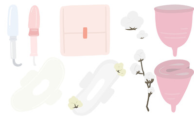 set of women's menstrual products hand drawn illustration