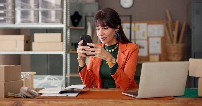 Happy, woman and online with smartphone, startup and reading reviews on social media or supply chain. Scroll, positive feedback and mature person with mobile in small business, distribution and boxes