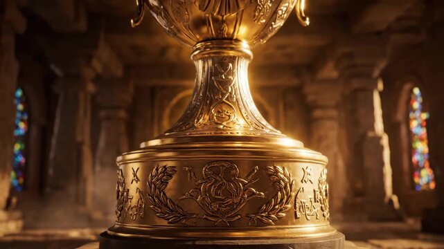 Ornate golden chalice with detailed engravings in dramatic lighting