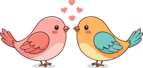 Cute cartoon love birds illustration, romantic couple of colorful birds with hearts, adorable vector design for Valentine's Day art