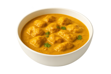 White bowl holds creamy orange curry with meatballs and cilantro garnish