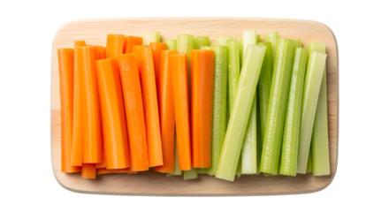 Carrot Sticks and Celery Sticks on a Wooden Cutting Board Transparent Background vegetable isolated on a transparent background