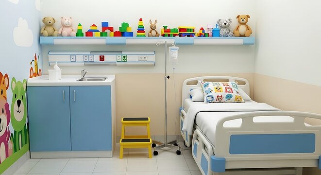 Hospital room with toys and bed for pediatric care