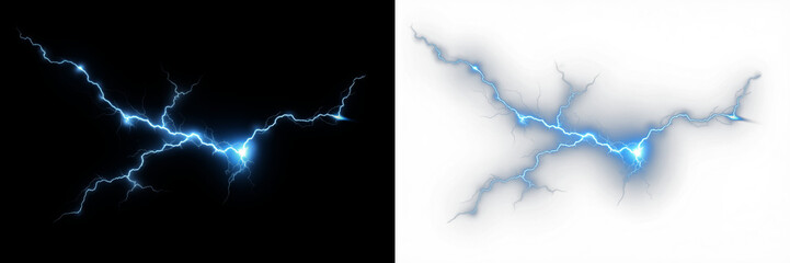 Electric blue lightning bolt overlay on contrasting black and white backgrounds, showcasing dynamic energy and visual impact for creative design projects and digital artwork