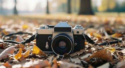Vintage camera resting on a bed of fallen leaves in a park, capturing the essence of autumn with its warm colors and nostalgic charm