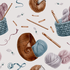 Seamless pattern dedicated to the hobby of crochet,featuring accessories like hook,woven and wooden basket,yarn balls,measuring tape,product tags and stitch markers.Hand drawn watercolor illustration